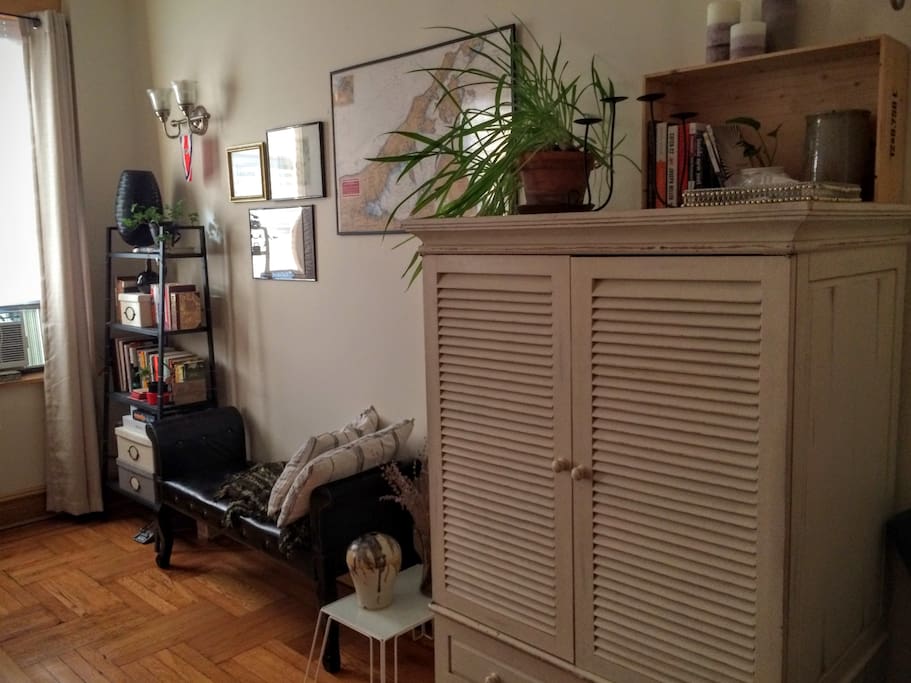 Maps, books, plenty of floor space. I'll clear space in the white armoire for your use.
