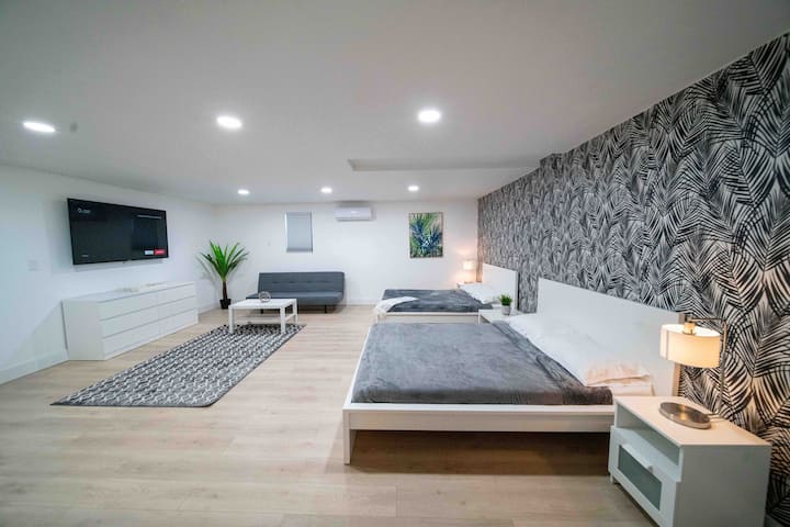 Palm Room s 2 manželskými posteľami veľkosti Queen, rozkladacou pohovkou, 65-palcovou televíziou Roku, komorou a dizajnovou skriňou na zavesenie oblečenia.