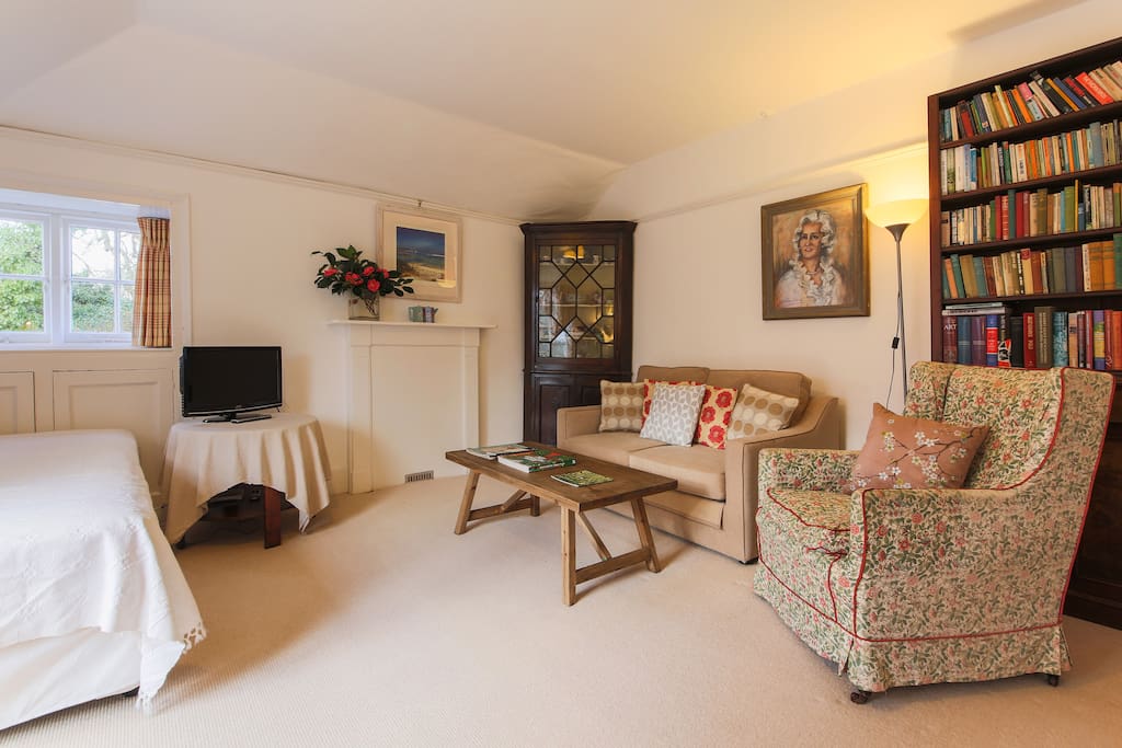 G|enerous sized living room with sofa bed and comfortable single bed.