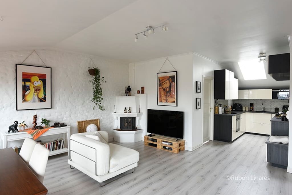 Brand new, bright & modern kitchen (2016), heated floors (Feb, 2018) & eco-friendly, beautiful fireplace (Feb, 2018) backed by an awesome brick wall. Very nice during cold winter