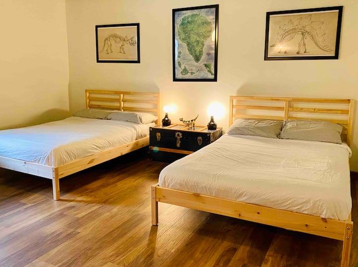 Bedroom 2 : 2 x double beds and 1 bunk bed.
Children's books 
Forest view window 
Sleepers 
Standing fan 