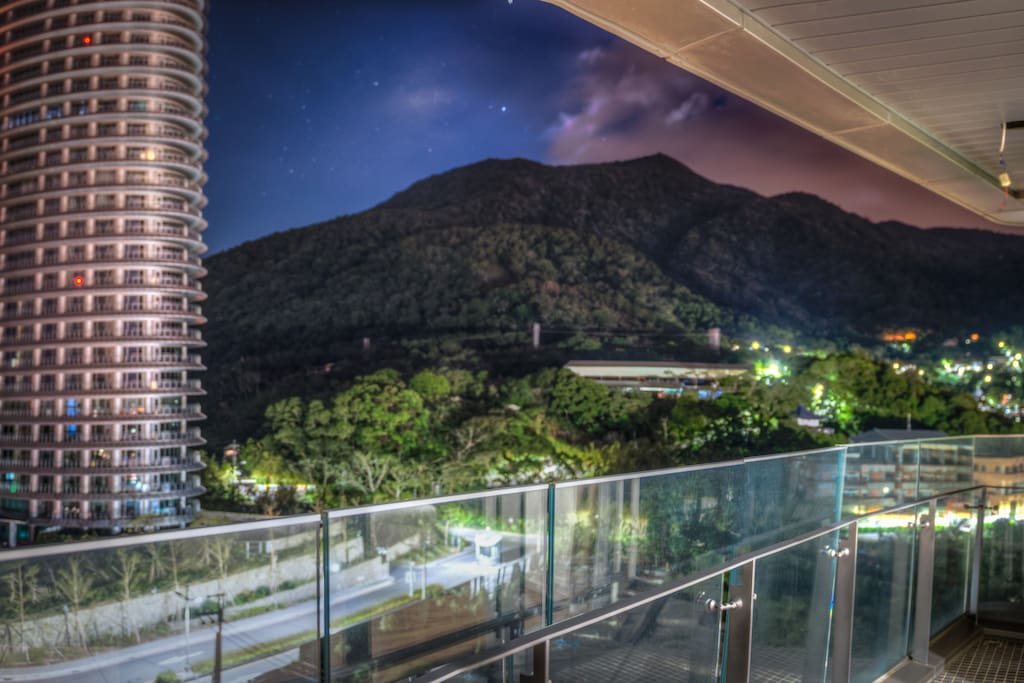 Beautiful night sky views from one balcony. Building in foreground designed by IM Pei!
