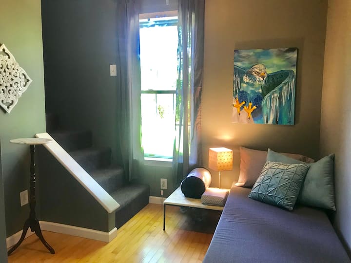 Twin bed In third bedroom at base of finished attic.  Folks walk Thru this room to get upstairs if desired.  