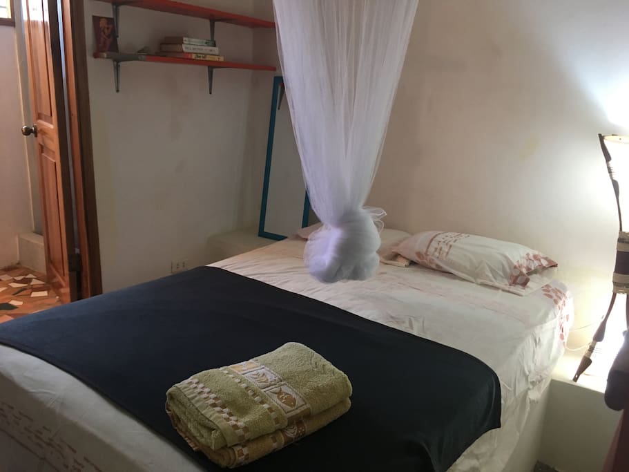 Cama matrimonial with 1 pair of sheets & mosquito net.