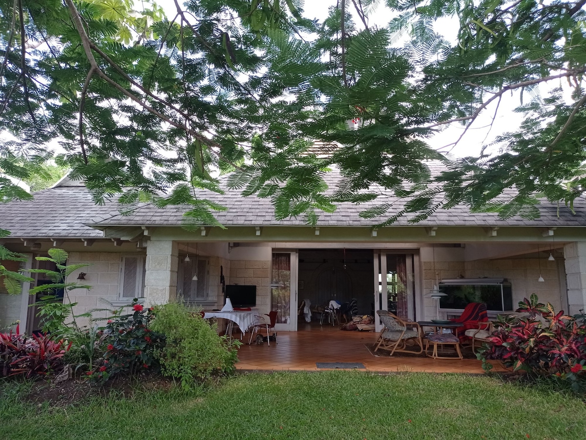 The exterior of a spacious house is framed by lush greenery, featuring a wooden deck with multiple seating areas. Large windows allow for natural light, while decorative plants and flowers enhance the inviting atmosphere. A serene, tropical landscape is visible in the surrounding garden.
