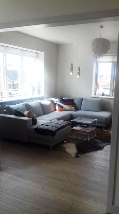 Opholdsstue med u-sofa og 50" fladskærm