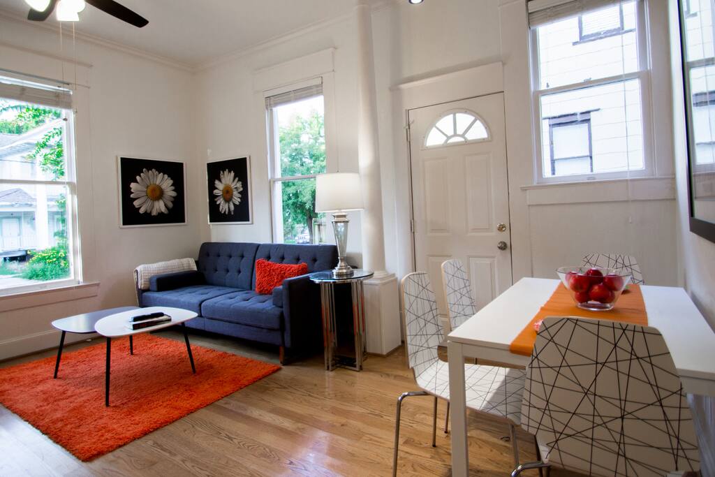 Sleek, contemporary & comfortable furniture. Couch pulls out to bed.