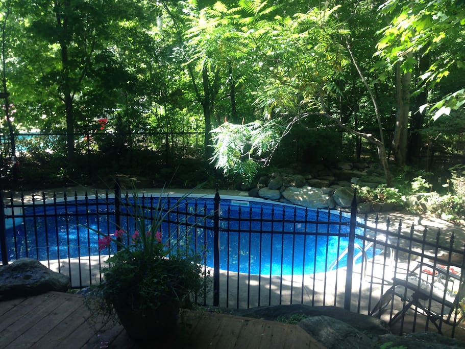 Grand patio avec BBQ et ayant vue sur la piscine