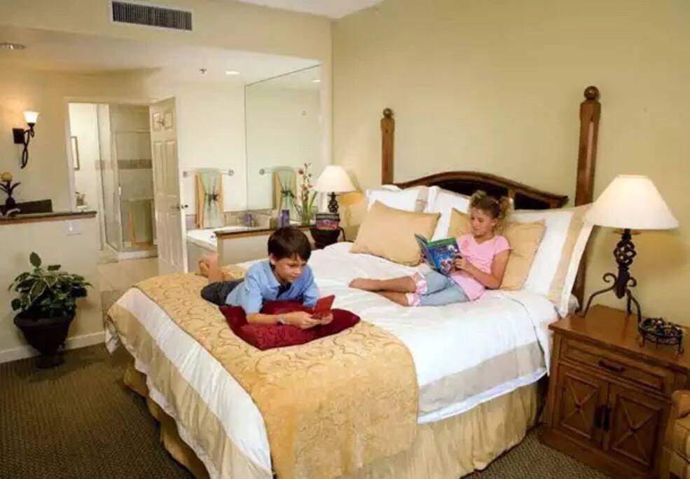 King bed, Large Flat Screen TV, Master Bathroom, Private Patio access.