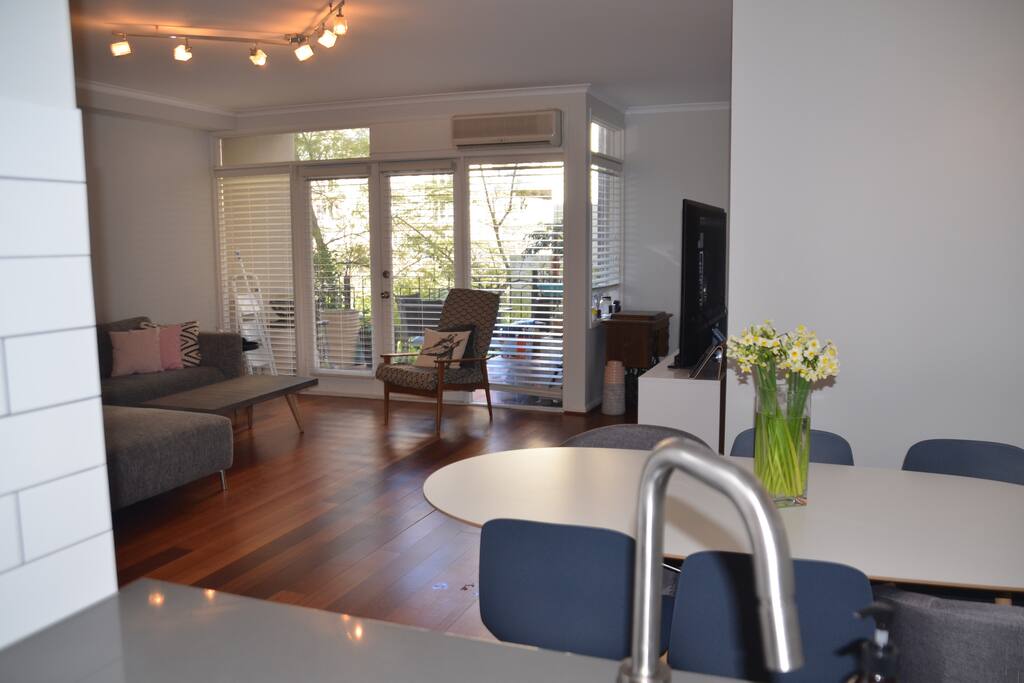 View of dining & living room from kitchen
