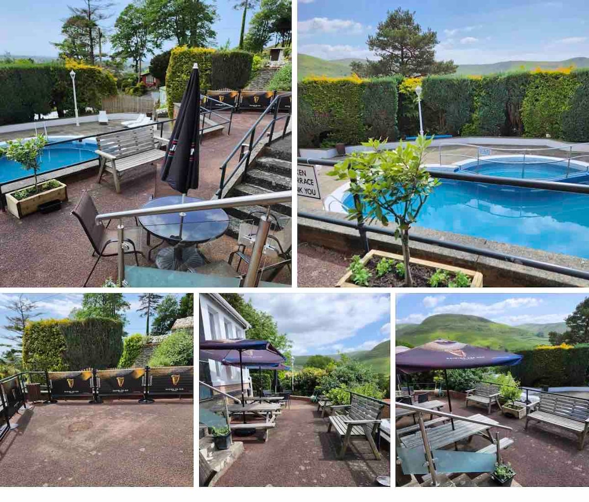 An outdoor space features a swimming pool surrounded by sun loungers and wooden benches, with planters holding greenery. Umbrellas provide shade over seating areas, while hedges offer privacy. Scenic views of the surrounding landscape create a tranquil atmosphere, inviting relaxation and enjoyment.