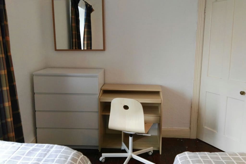 Desk, Chest of drawers and mirror