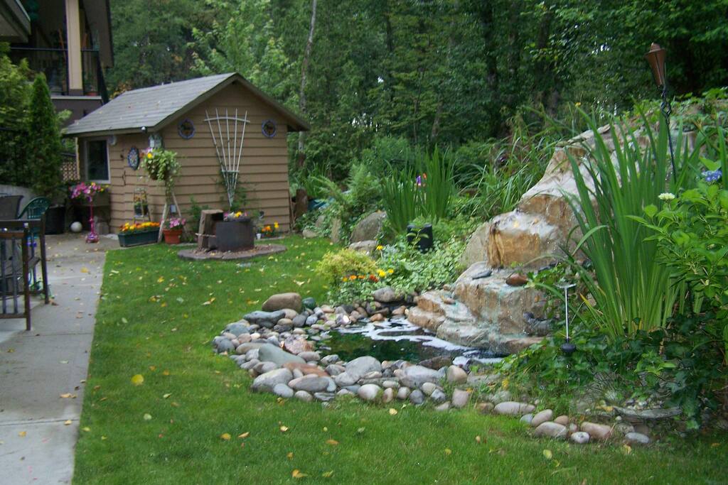 Water fall and fish pond.