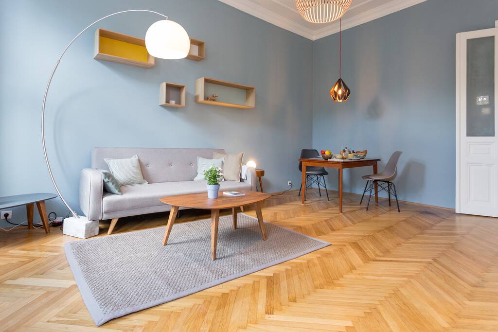 Living room with dining corner on a real vintage table