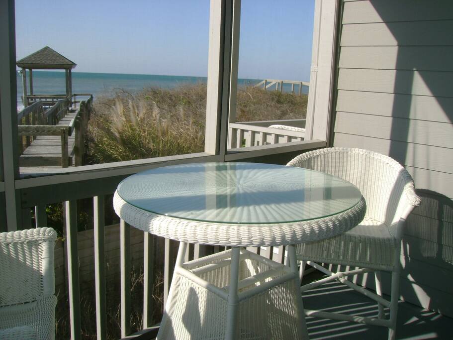 Screened deck looking out at the oceanfront gazebo