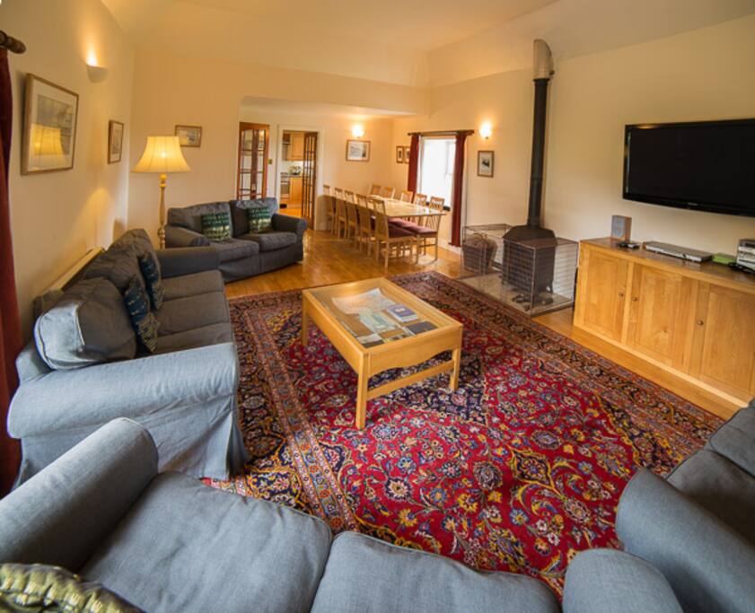 Seating for 10 Big TV Wood burning stove