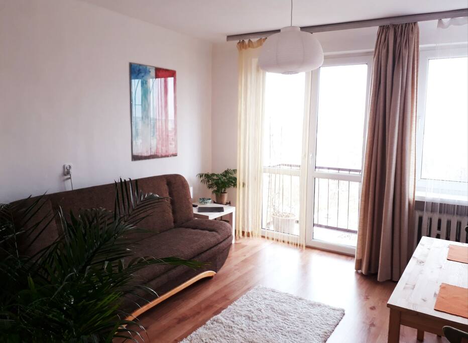 Living room with sofa bed, night table and lamp, TV and working table surrounded by.
