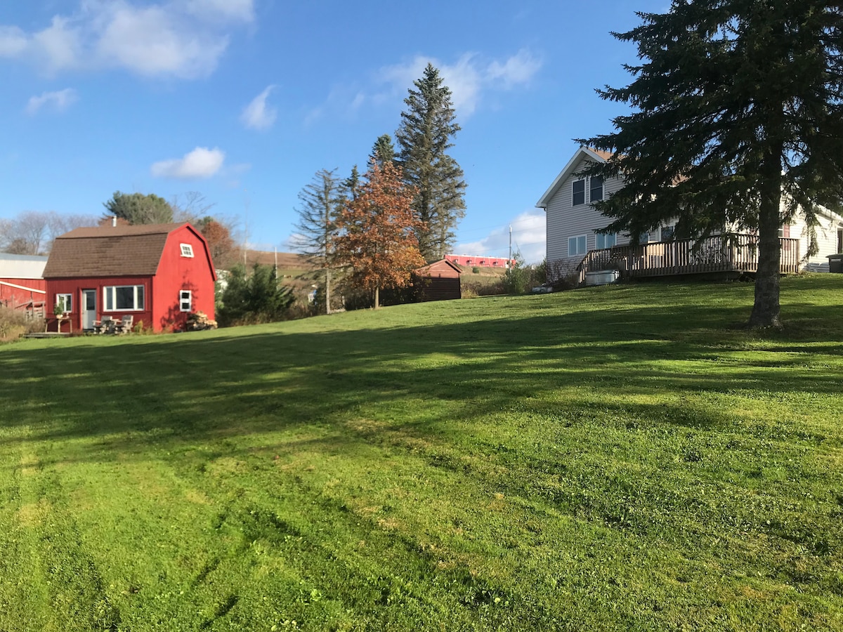A spacious yard is showcased, featuring green grass and a few scattered trees. In the background, a red barn stands alongside a light-colored house under a partly cloudy sky. The scene reflects a tranquil rural environment.