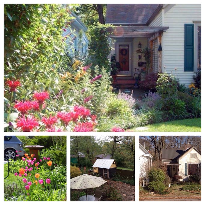 Yard has been on local garden tours and has a variety of native and edibles plantings. It is also home to honey bees and a flock of happy hens who will provide you eggs for breakfast.