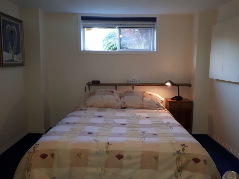 Large, firm queen size bed with extra drawer space on ground floor. Well lit and warm with extra space heater added.