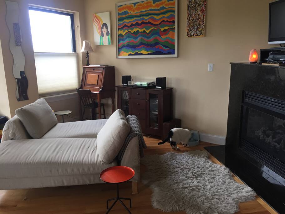 Lounging area with antique desk, faux fur rug, fireplace, turntable/Bluetooth speakers, Himalayan salt lamp, artwork.