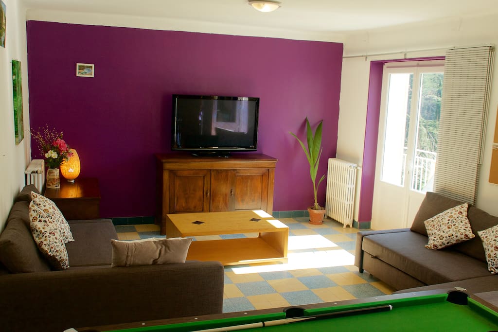 Living room with two sofa beds tv and pool table