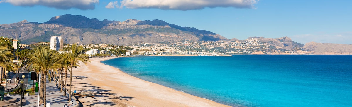A scenic view of a sandy beach extends along the shore, bordered by palm trees. The vibrant turquoise water meets the sandy shoreline under a clear blue sky, with distant mountains visible in the background, creating a serene coastal landscape.