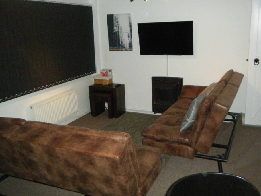 Lounge showing sofa beds, fire and TV