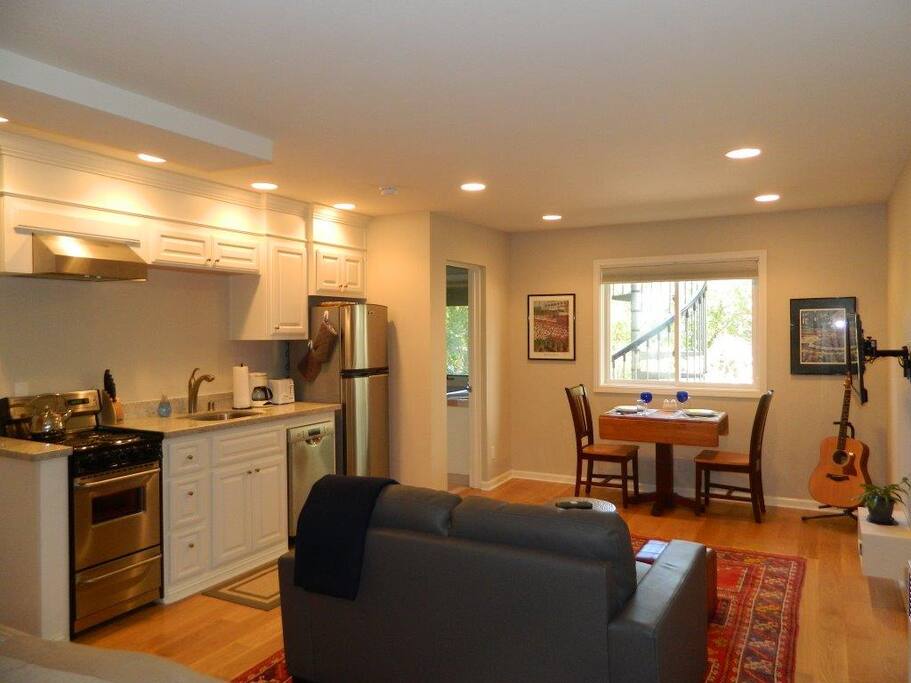 High end new kitchen, solid new comfortable furniture and electronic necessities to enhance your daily experience here in this quiet coastal retreat. Television is wall-mounted with swivel capabilities.