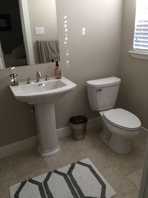 Your private bath with toilet, sink, and huge shower