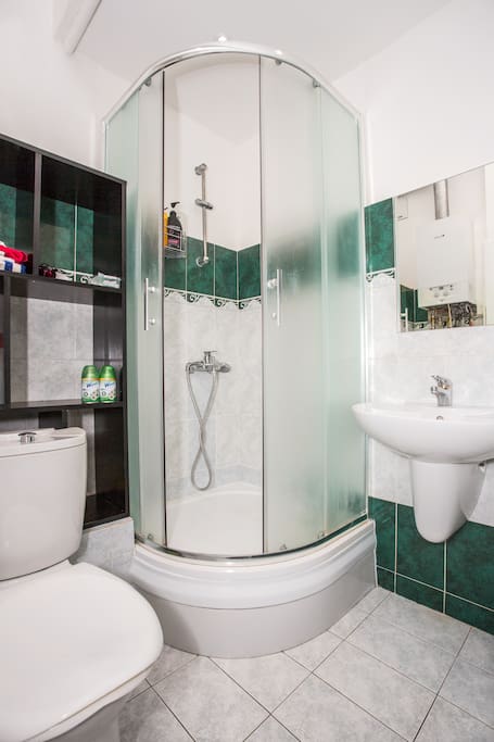 Shared shower and toilet room with all means provided