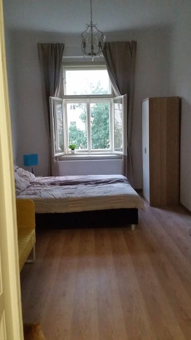Brand-new queen bed and window with beautiful view