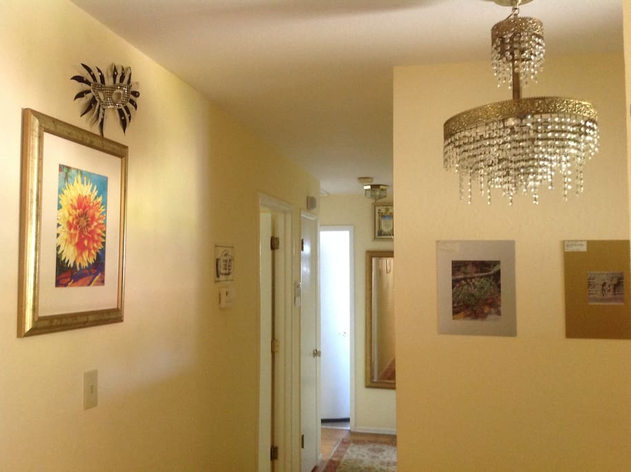 Artistic entrance hall with crystal chandelier.
