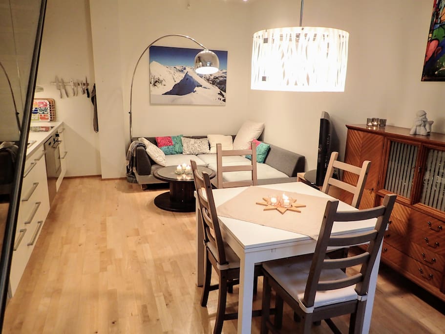 Living room and kitchen.