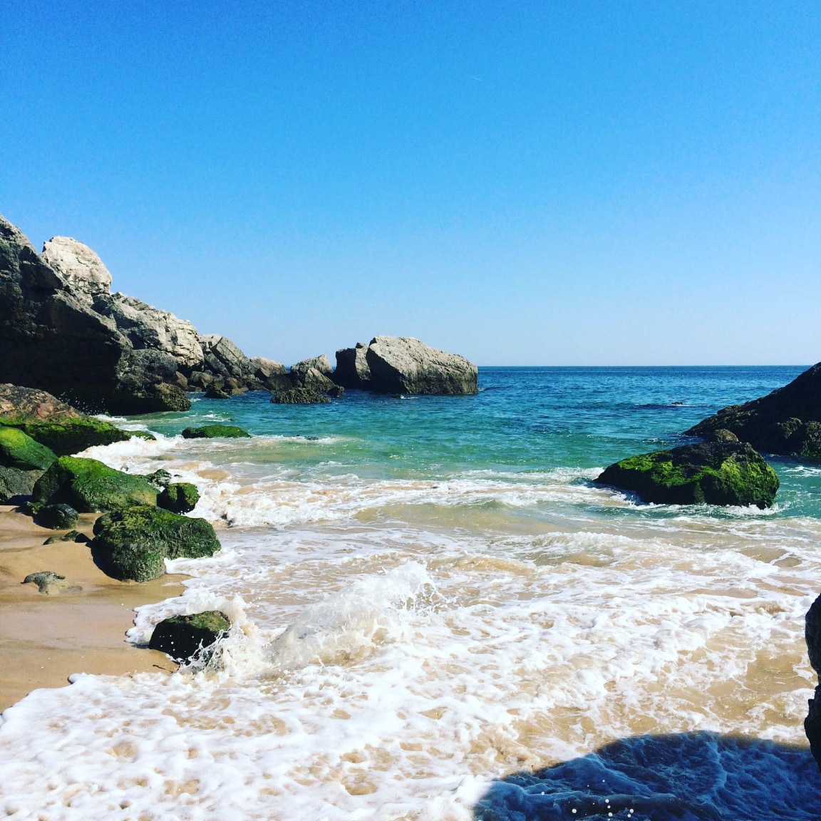 A serene beach scene features gentle waves lapping against a sandy shore, with moss-covered rocks partially submerged in the water. The clear blue sky provides a bright backdrop, enhancing the tranquil atmosphere of the coastline.