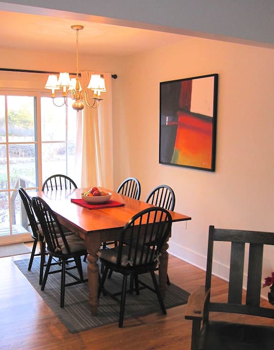 Enjoy your meal at the harvest table or head out to the patio to dine by the garden gazebo.