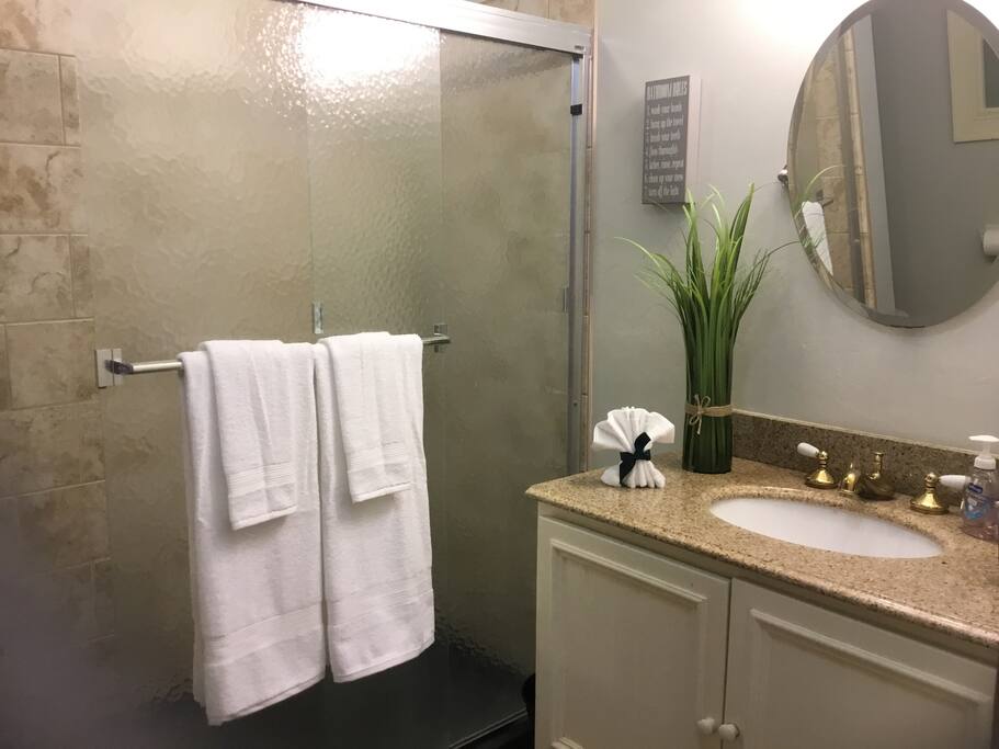 Large bath with amazing shower.