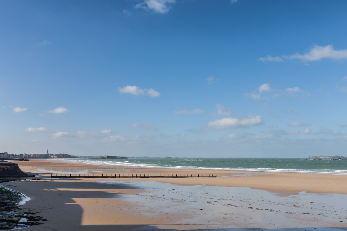 A scenic beach view is presented, featuring a wide expanse of sand meeting the water's edge. The horizon is lined with gentle waves and a clear blue sky dotted with clouds. A wooden structure extends into the sea, providing a striking perspective of the coastline.