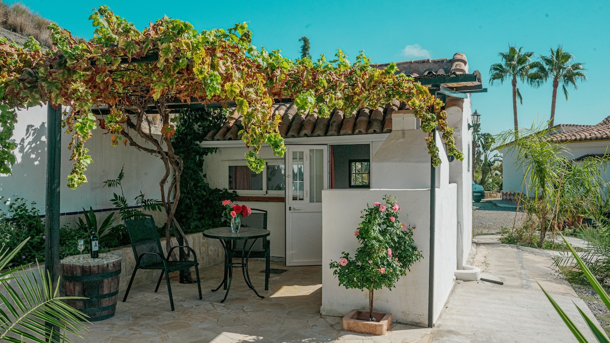 A charming cottage is framed by lush green vines overhead. A small outdoor dining table with two chairs sits on the tiled patio, surrounded by plants. The cottage features a white exterior with a tiled roof, enhancing the tranquil setting.