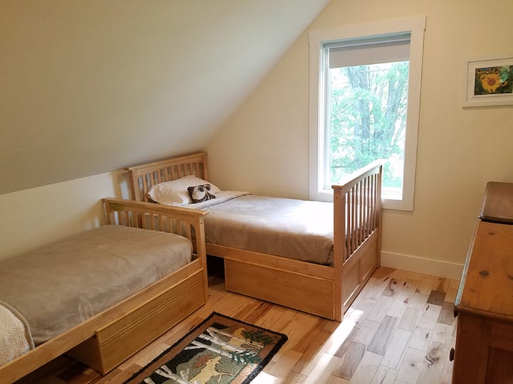The 2nd Bedroom with two twin beds and a closet.