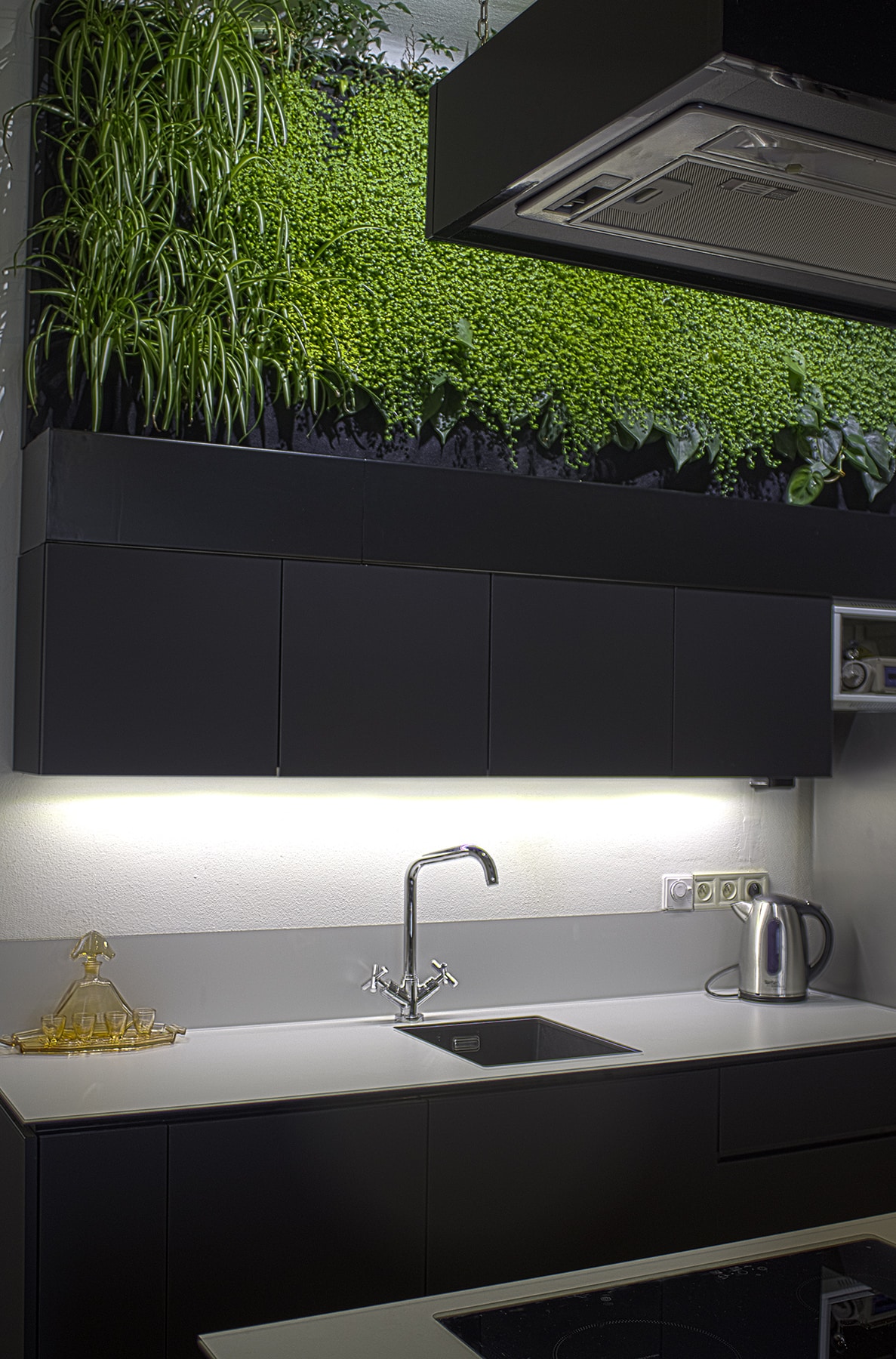 A modern kitchen area features sleek black cabinetry complemented by a vibrant vertical garden above. The countertop hosts a stainless steel sink and a kettle, while under-cabinet lighting provides functional illumination. A minimalist design aesthetic is evident in the overall layout.