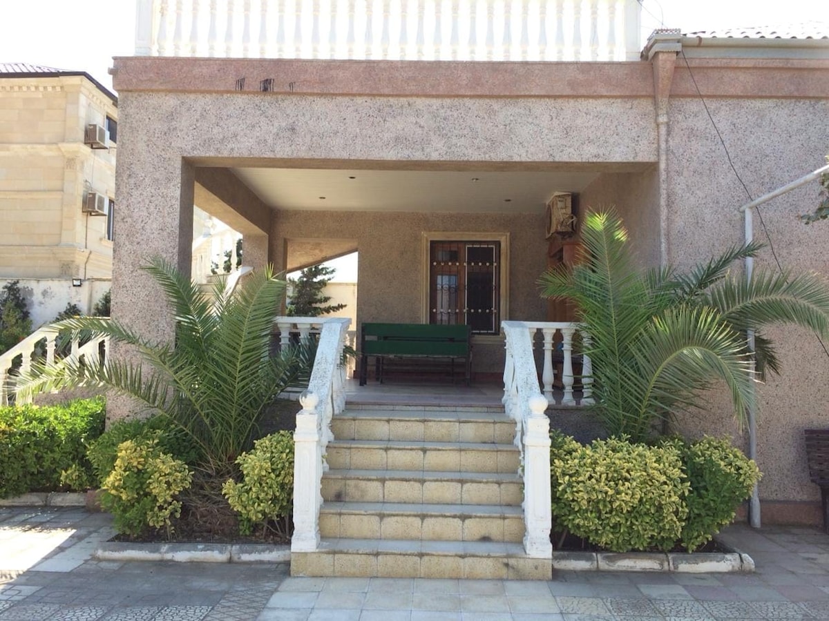 The entrance features a staircase leading to a covered patio, flanked by lush green shrubs and palm plants. A wooden bench is situated beneath the overhang, offering a shaded seating area. The exterior walls display a neutral tone, contributing to the home's inviting appearance.