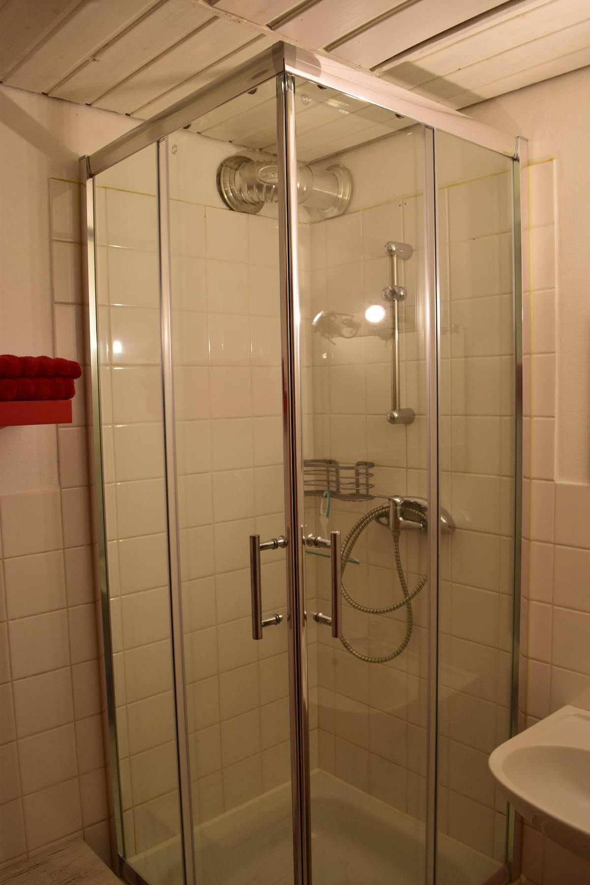 A glass-enclosed shower space is presented, featuring modern fixtures and a handheld showerhead. Bright overhead lighting enhances the tiled surfaces, and neatly arranged red towels are visible on a nearby rack.