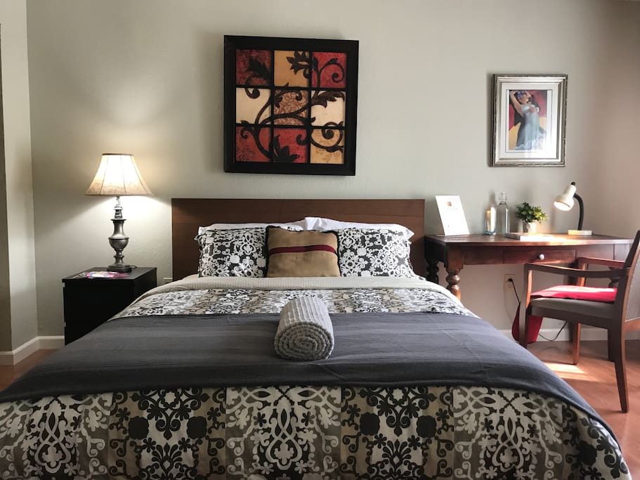 Queen sized bed and spacious desk
