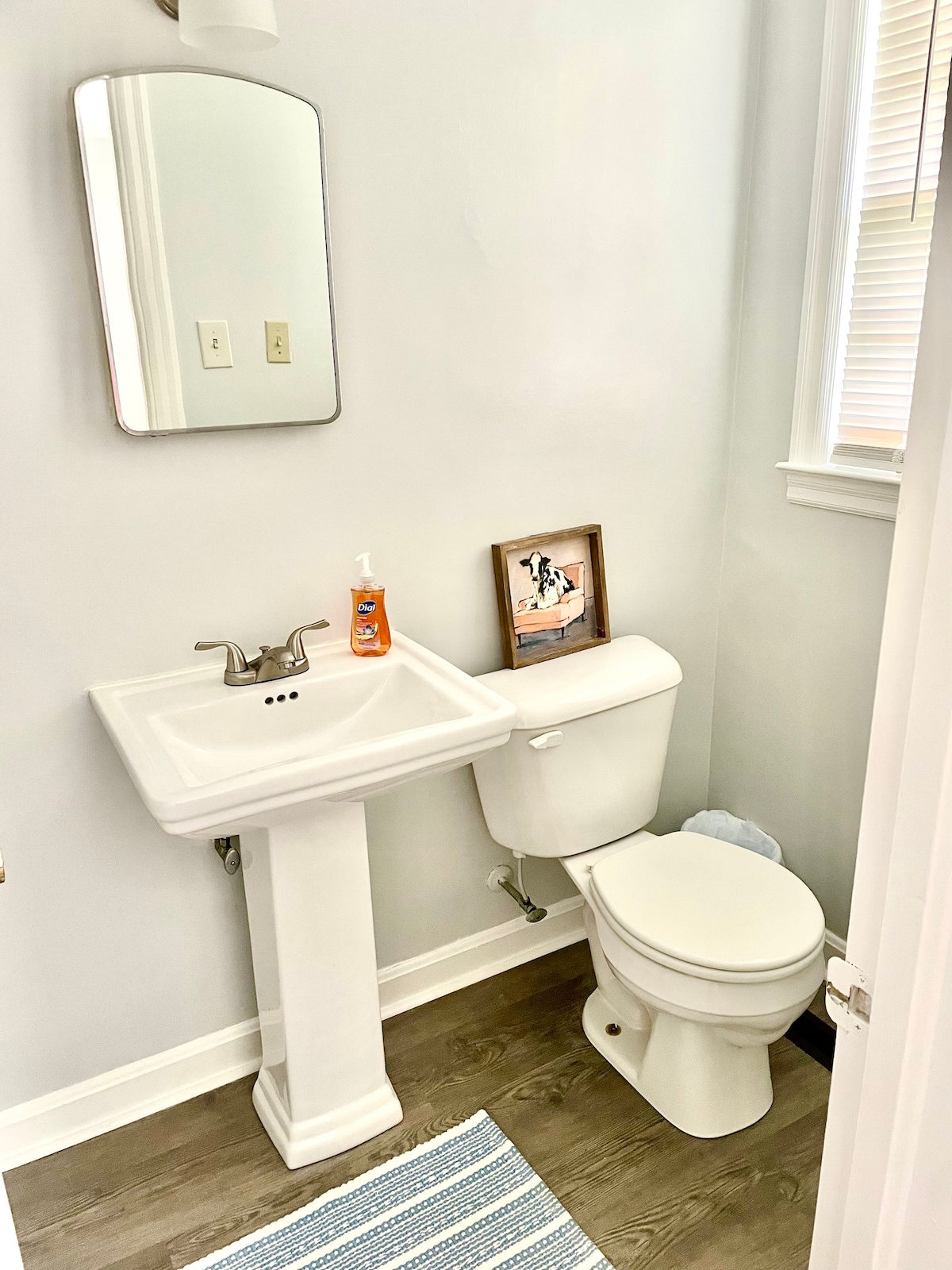 A compact bathroom is shown, featuring a white pedestal sink with a modern faucet and a matching toilet. Natural light enters through a nearby window, illuminating the light grey walls. A framed picture is displayed on the wall beside the sink, with a striped bath mat on the floor.