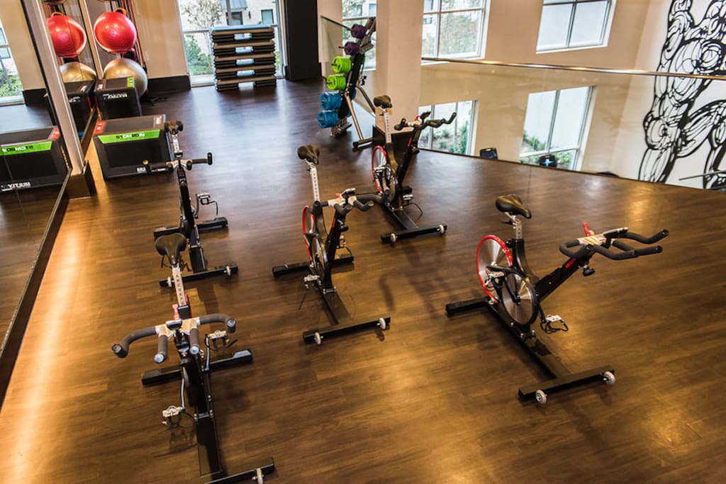 Fully loaded fitness with cardio and weight machines downstairs and on-demand cycling and yoga upstairs!