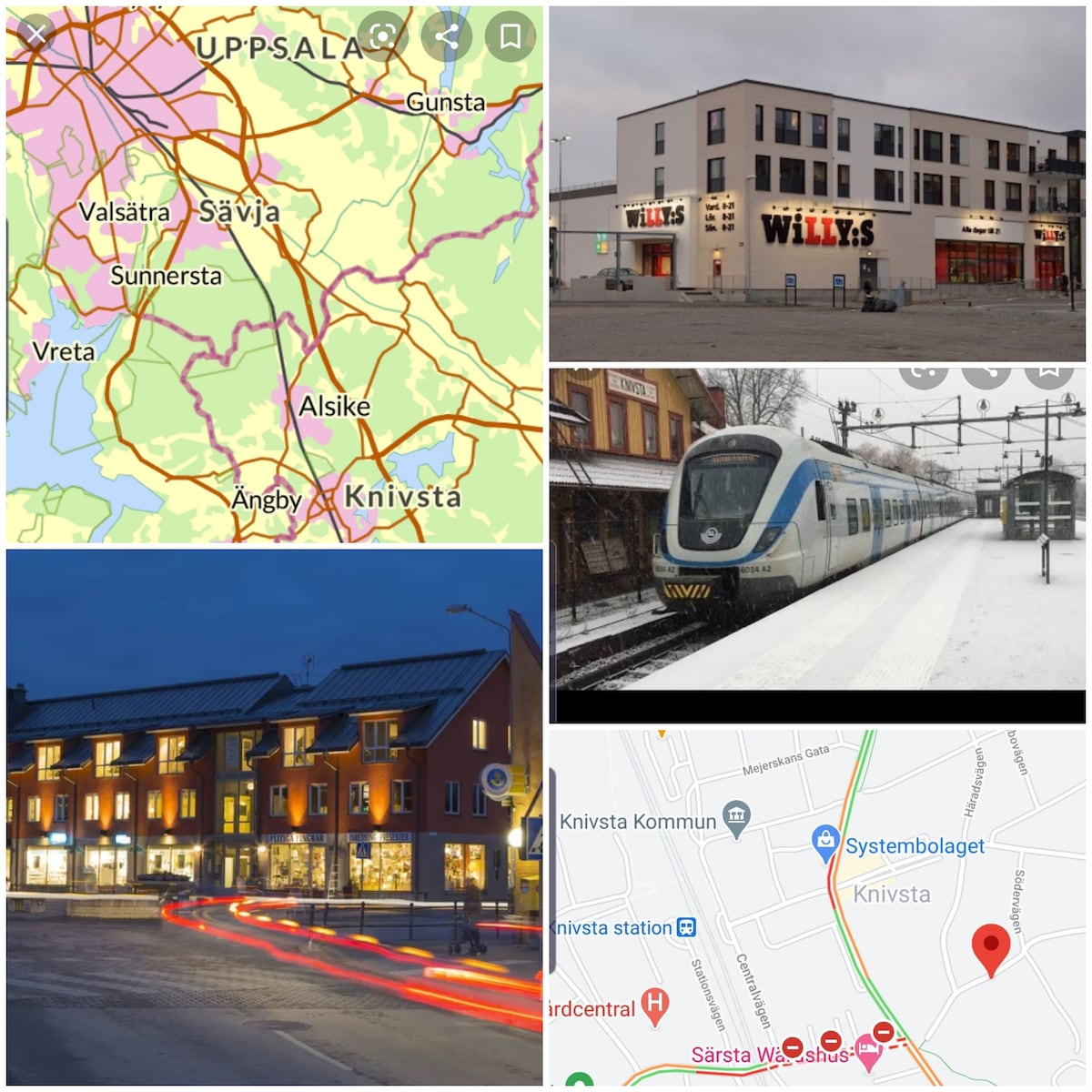 A collage representing Knivsta, featuring a map pinpointing its location, a grocery store exterior, a commuter train arriving at the station, and the town's illuminated buildings at dusk. The images highlight Knivsta’s accessibility and local amenities.