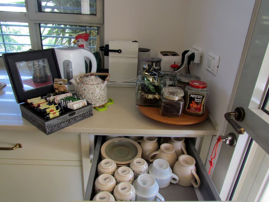the "coffee & tea corner" in the kitchen