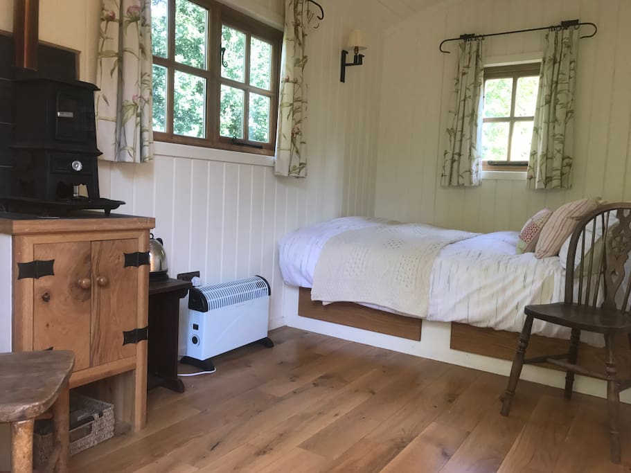 The inside of our Shepherds Hut is perfect for a lovely stay in the peaceful countryside.