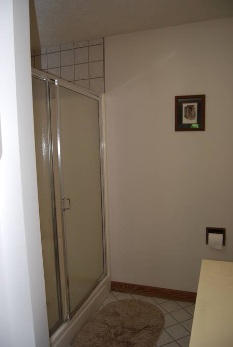 Private bathroom with shower.